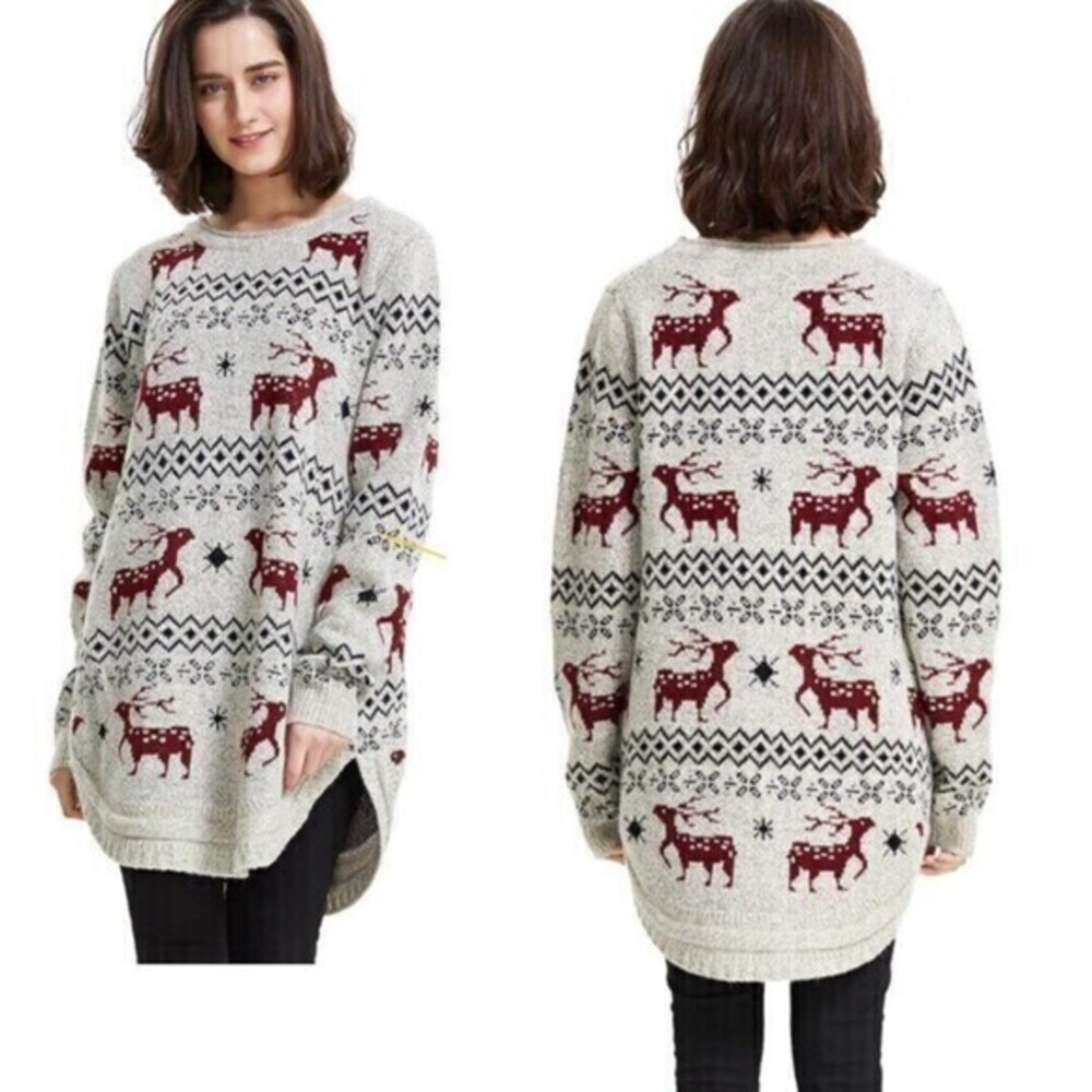 Shineflow Midi Christmas Sweater Womens L‎ Beige Red Reindeer Crew Neck Pullover
